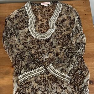 Monique Leshman Beaded Paisley Tassel Tie Sheer Boho Tunic M
